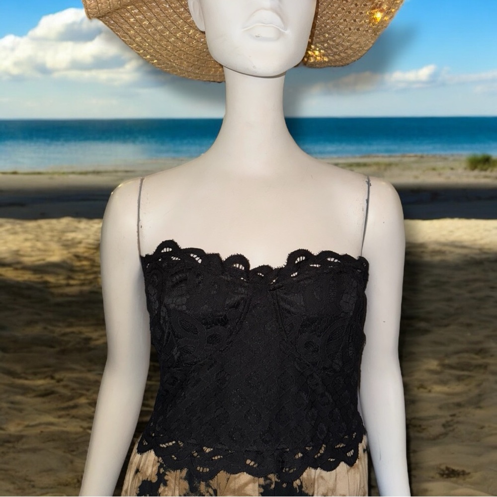 Anthropologie Black and Tan Faded Rose Strapless Maxi Dress - Picture 4 of 16
